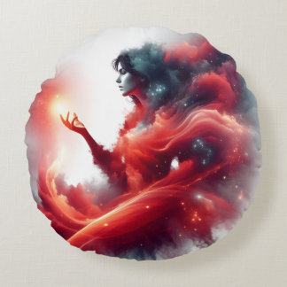 Cosmic Celestial Goddess Abstract Red Cloud Galaxy Round Cushion