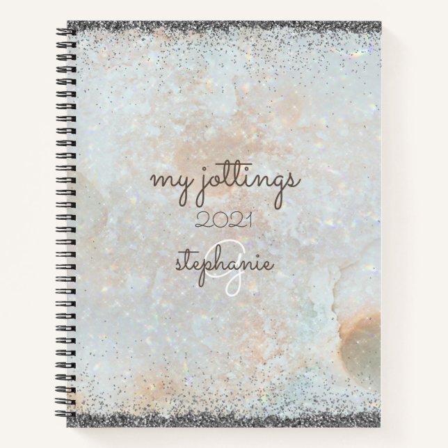 Cosmic Celestial Silver Glitter Girly Monogram Notebook (Front)