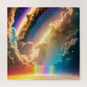 Cosmic Clouds Over Rainbow Waterfalls Landscape Jigsaw Puzzle
