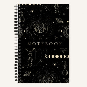 Cosmic Cool Black Notebook with Moons and Stars