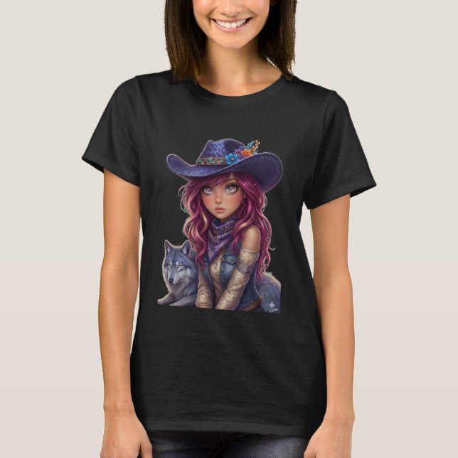 Cosmic Cowgirl & Spirit Wolf Watercolor Magic  T-Shirt (Front)