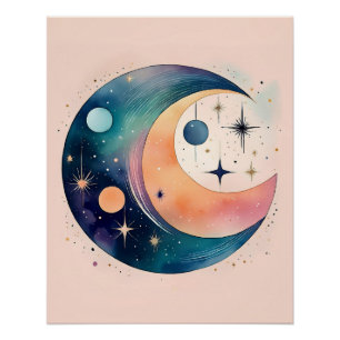 Cosmic Crescent Moon and Stars – Pastel Dream Art Poster