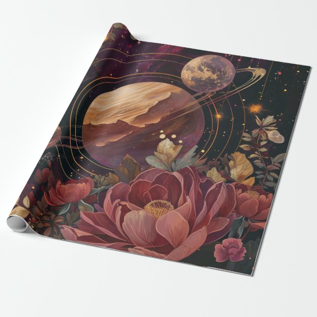 Cosmic Crystal Ringed Planet Fantasy Art (3) Wrapping Paper (Unrolled)