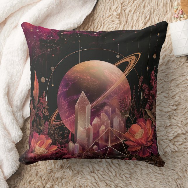 Cosmic Crystal Ringed Planet Fantasy Art (4) Cushion (Blanket)