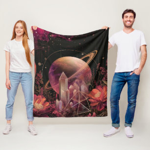 Cosmic Crystal Ringed Planet Fantasy Art (4) Fleece Blanket