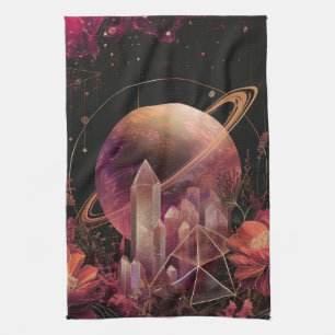 Cosmic Crystal Ringed Planet Fantasy Art (4) Tea Towel
