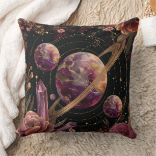 Cosmic Crystal Ringed Planet Fantasy Art Cushion