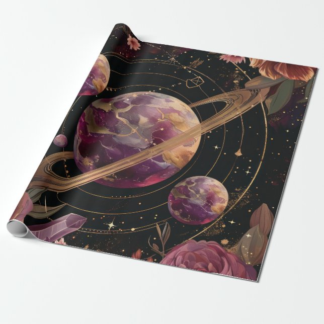 Cosmic Crystal Ringed Planet Fantasy Art Wrapping Paper (Unrolled)