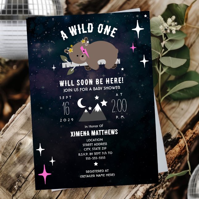 Cosmic Cub Sleepy Wild One Pink Girl Baby Shower Invitation (Creator Uploaded)