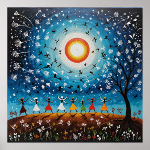 Cosmic Dance - Surreal Warli Landscape Poster
