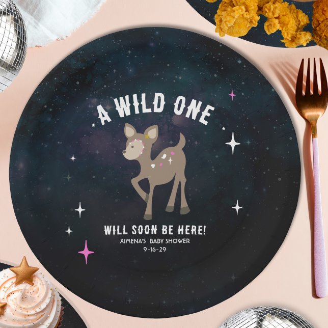 Cosmic Deer Wild One Pink Girl Baby Shower Paper Plate (Creator Uploaded)