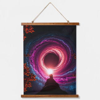 "Cosmic Descent — Man Staring Into a Neon Galactic Hanging Tapestry