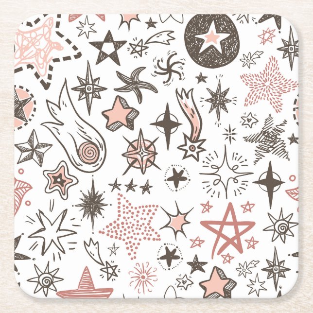 Cosmic Doodles: Stars and Comets Square Paper Coaster (Front)