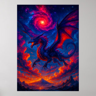 Cosmic Dragon Flying Through Fiery Sky Fantasy Poster