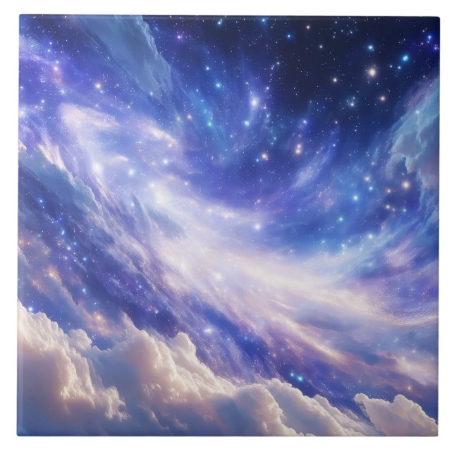 Cosmic Dreamscape: Swirling Nebula & Starry Night Ceramic Tile (Front)
