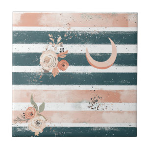 Cosmic Earth Tone Stripe with Tribal Moon Ceramic Tile