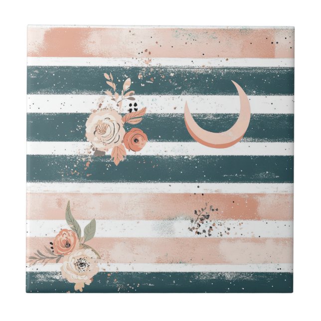 Cosmic Earth Tone Stripe with Tribal Moon Ceramic Tile (Front)
