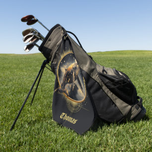 Cosmic elegance, the golden, black whale golf towel