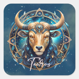 Cosmic Elegant Zodiac Sign Bull Black Gold Taurus Square Sticker