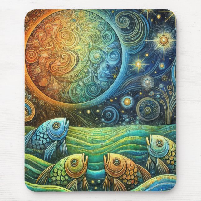 Cosmic Fish and Celestial Sun Vibrant Ocean Waves Mouse Pad (Front)