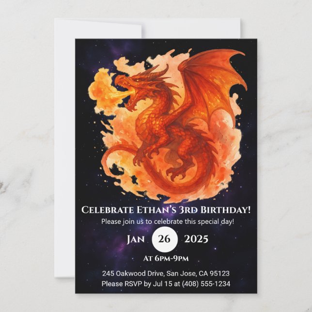 Cosmic Flame Dragon Birthday Invitation (Front)