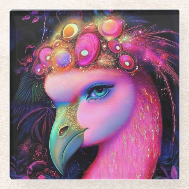 Cosmic Flamingo Queen Glass Coaster (Front)