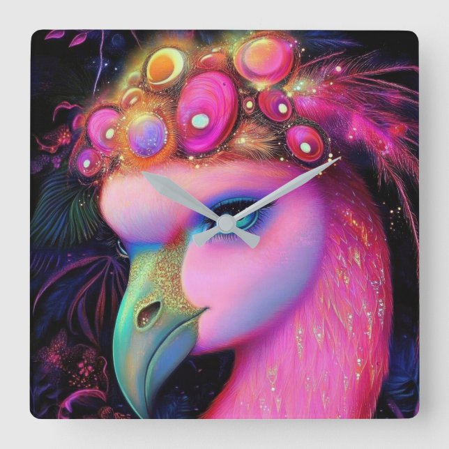 Cosmic Flamingo Queen Square Wall Clock (Front)