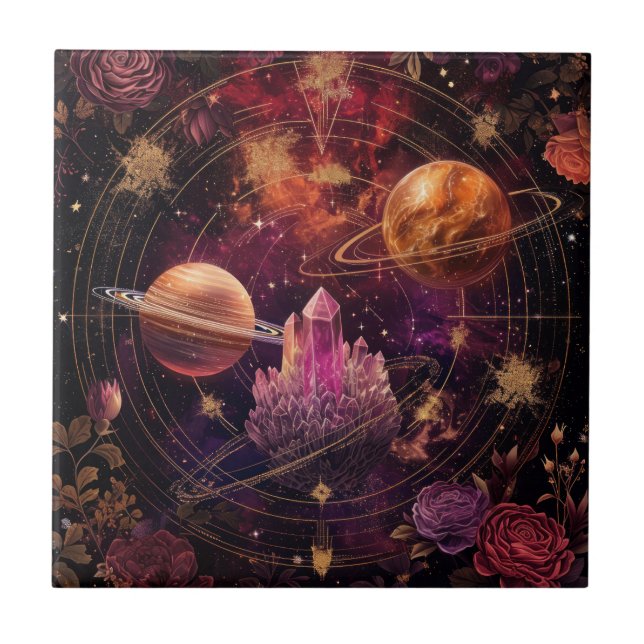 Cosmic Floral Planet Purple Nebula Space Ceramic Tile (Front)