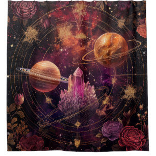 Cosmic Floral Planet Purple Nebula Space Shower Curtain