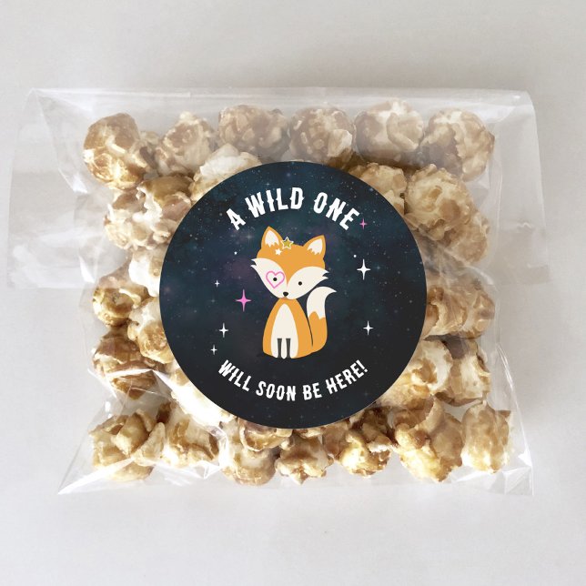 Cosmic Fox Wild One Pink Girl Baby Shower Classic Round Sticker (Creator Uploaded)