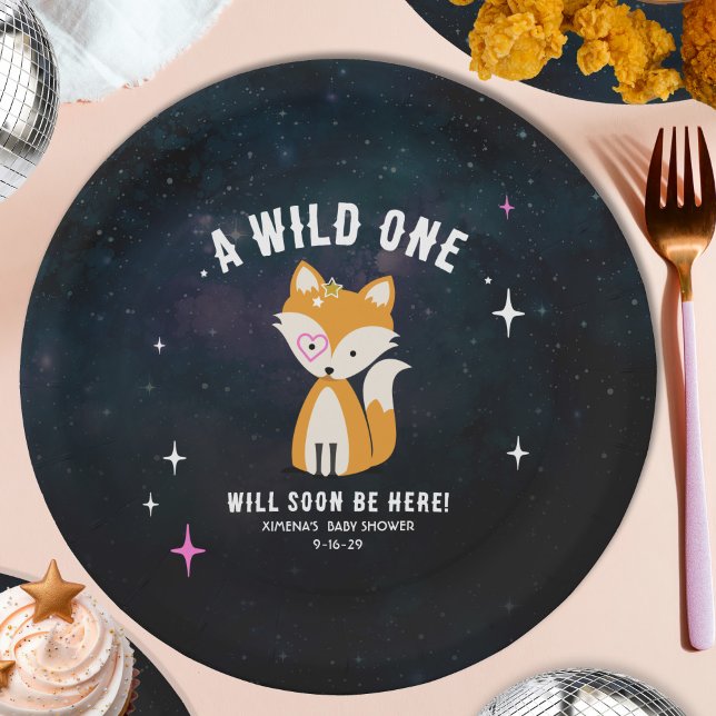 Cosmic Fox Wild One Pink Girl Baby Shower Paper Plate (Creator Uploaded)