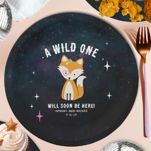 Cosmic Fox Wild One Pink Girl Baby Shower Paper Plate