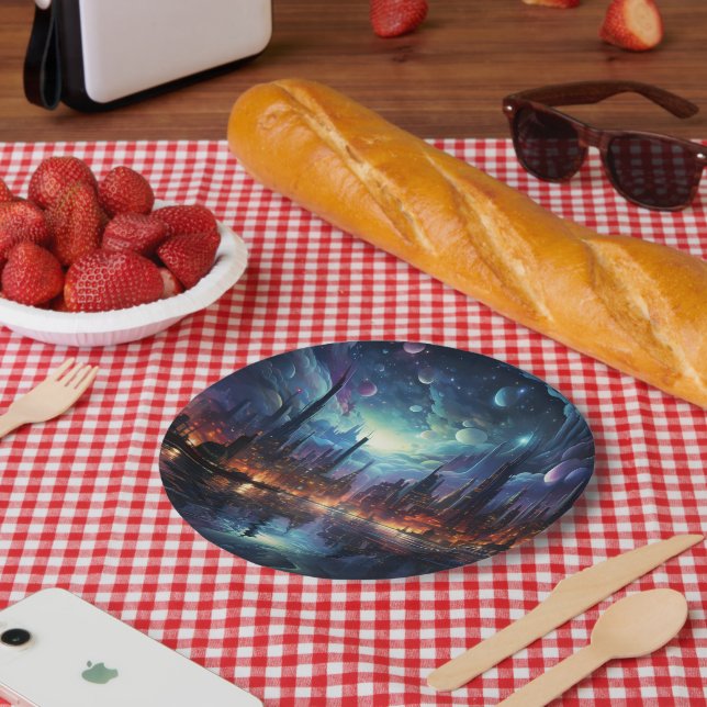 Cosmic Futuristic Metropolis Skyscraper Paper Plate (Picnic)