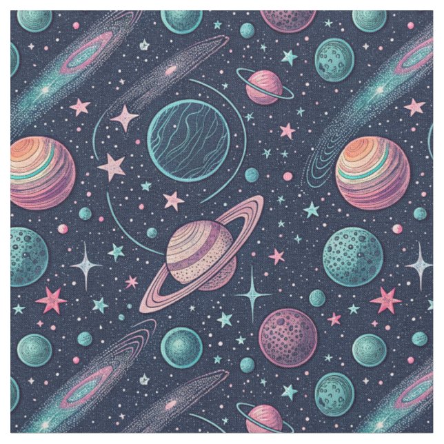 Cosmic Galaxy, Celestial Stars & Planets Pattern Fabric (Close Up)