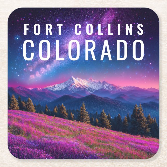Cosmic Galaxy Mountain Landscape Neon Psychedelic Square Paper Coaster (Front)