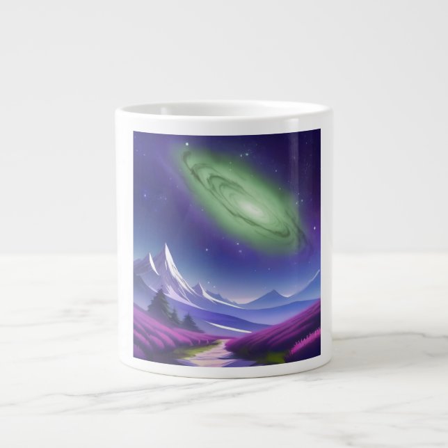 Cosmic Galaxy Mug – Green Nebula Over Purple Mount (Front)