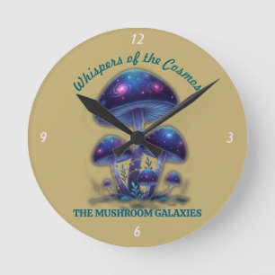 Cosmic Galaxy Mushrooms • Whimsical Fantasy Fungi Round Clock