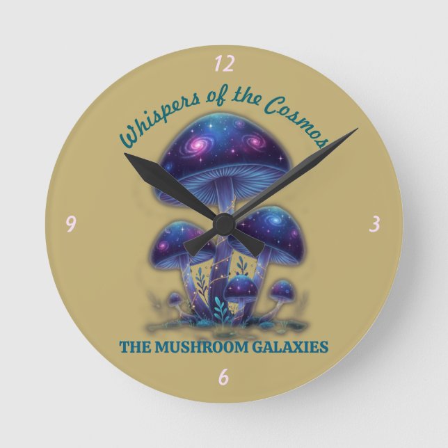Cosmic Galaxy Mushrooms • Whimsical Fantasy Fungi  Round Clock (Front)