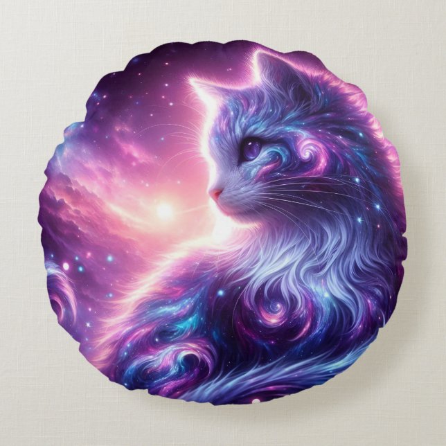 Cosmic Galaxy Mystical Feline Celestial Round Cushion (Front)