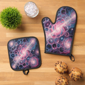 Cosmic Galaxy Swirls with Cells Abstract Art Oven Mitt & Pot Holder Set