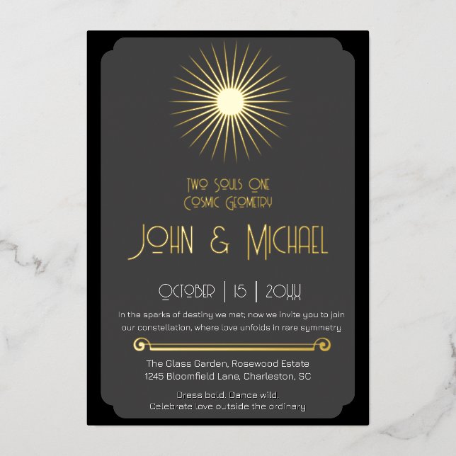  Cosmic Geometry Wedding Black Grey Gold Starburst (Front)