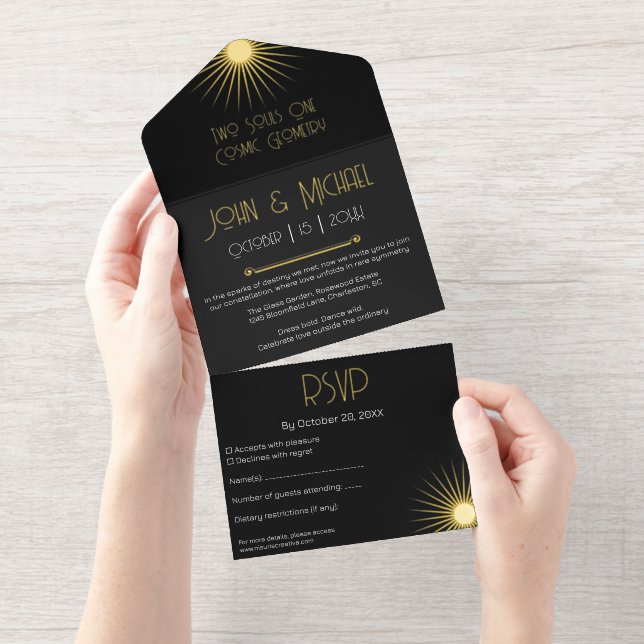  Cosmic Geometry Wedding Black Starburst All In One Invitation (Tearaway)