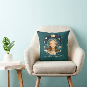 Cosmic Girl Boho Moon & Daisy Illustration Custom Cushion
