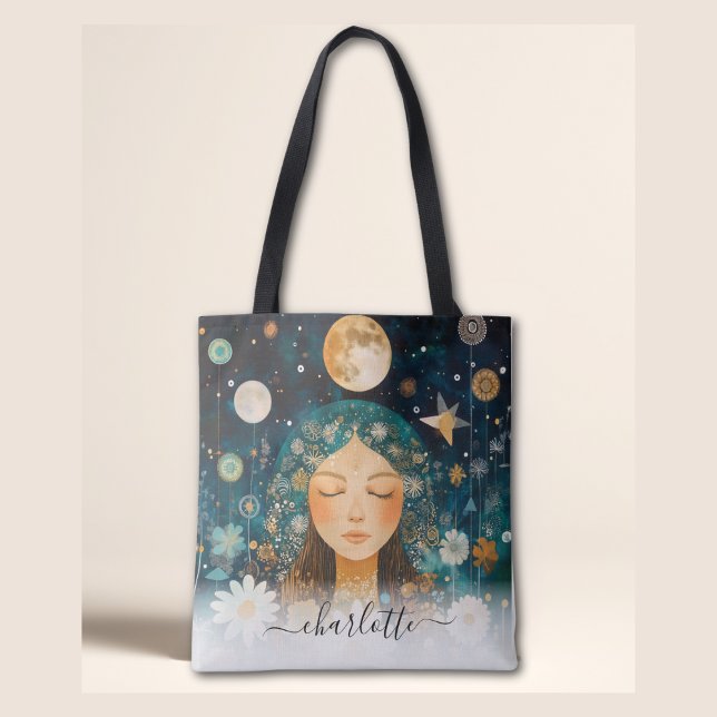 Cosmic Girl Boho Moon & Daisy Illustration Custom Tote Bag (Cosmic Girl Boho Moon & Daisy Illustration Custom Tote Bag)