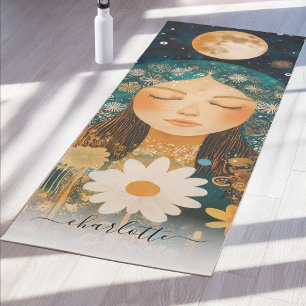 Cosmic Girl Boho Moon & Daisy Illustration Custom Yoga Mat
