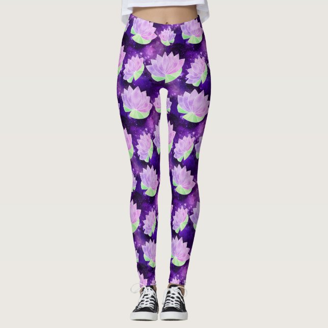 Cosmic Glam Purple Lotus Flowers Galaxy Print Yoga Leggings (Front)