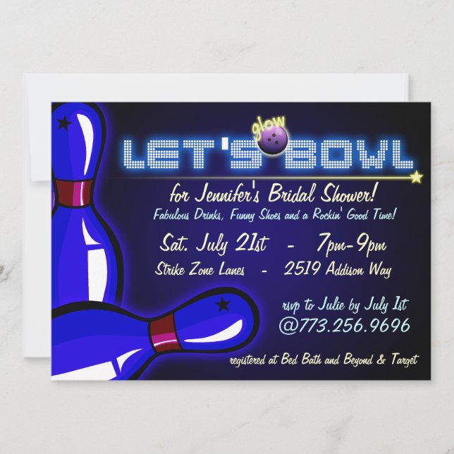 Cosmic Glow Bowling Bridal Shower Invitations (Front)