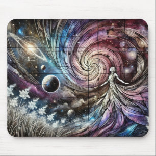 Cosmic Goddess with Swirling Galaxy and Planets Mouse Pad