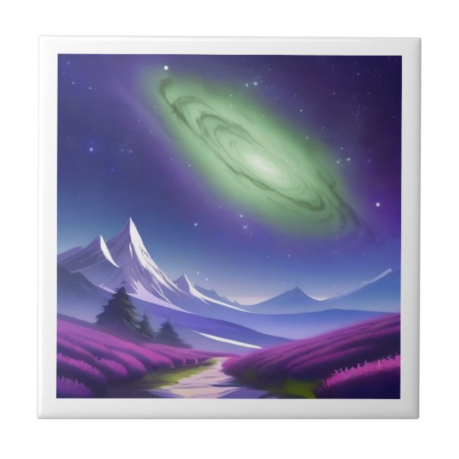 Cosmic Green Galaxy Over Purple Mountain Landscape Ceramic Tile (Front)