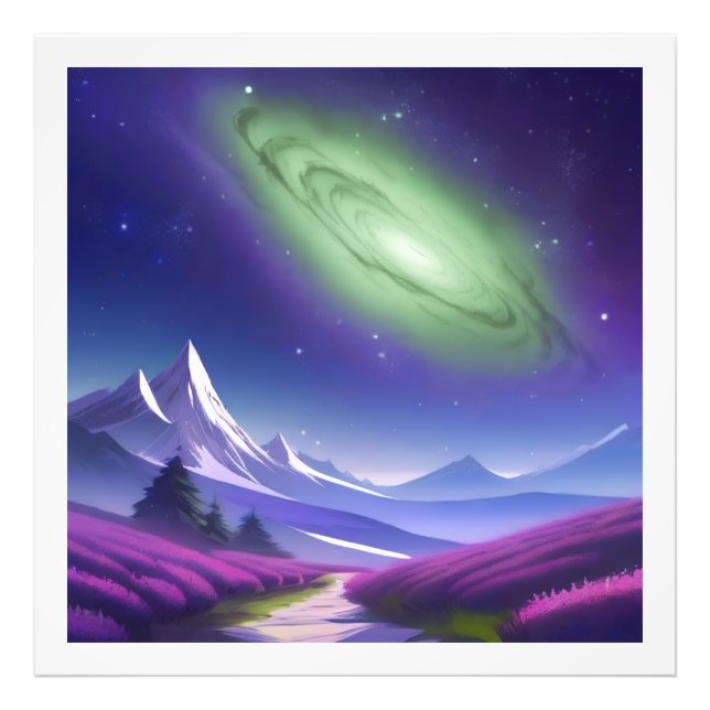 Cosmic Green Galaxy Over Purple Mountain Landscape Photo Print (Front)